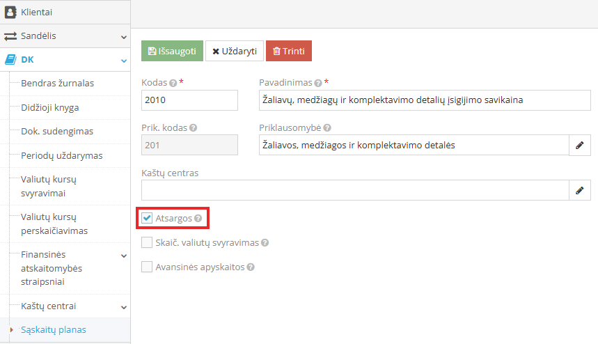 Sąskaitų plano požymio Atsargos nustatymas